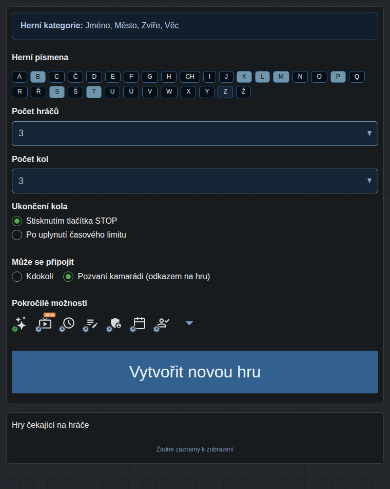 Formulář vytvoření hry