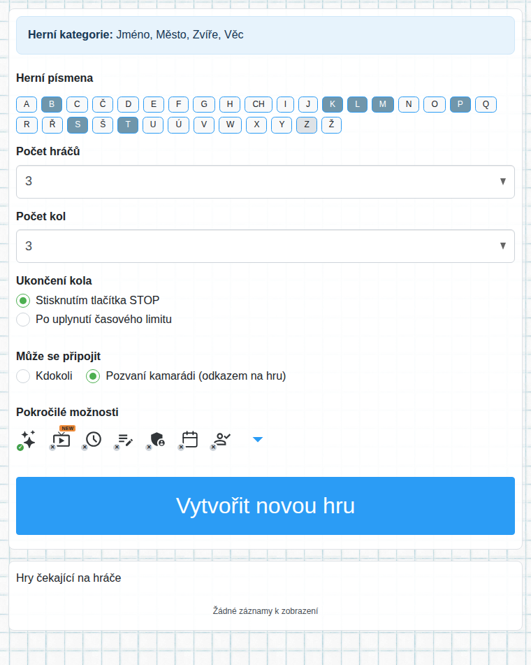 Formulář vytvoření hry