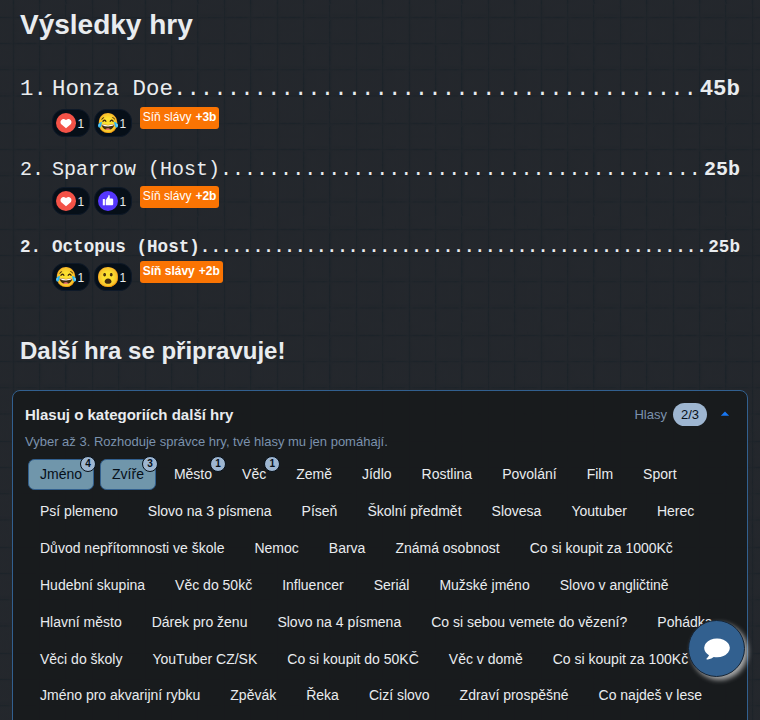 Výsledky hry