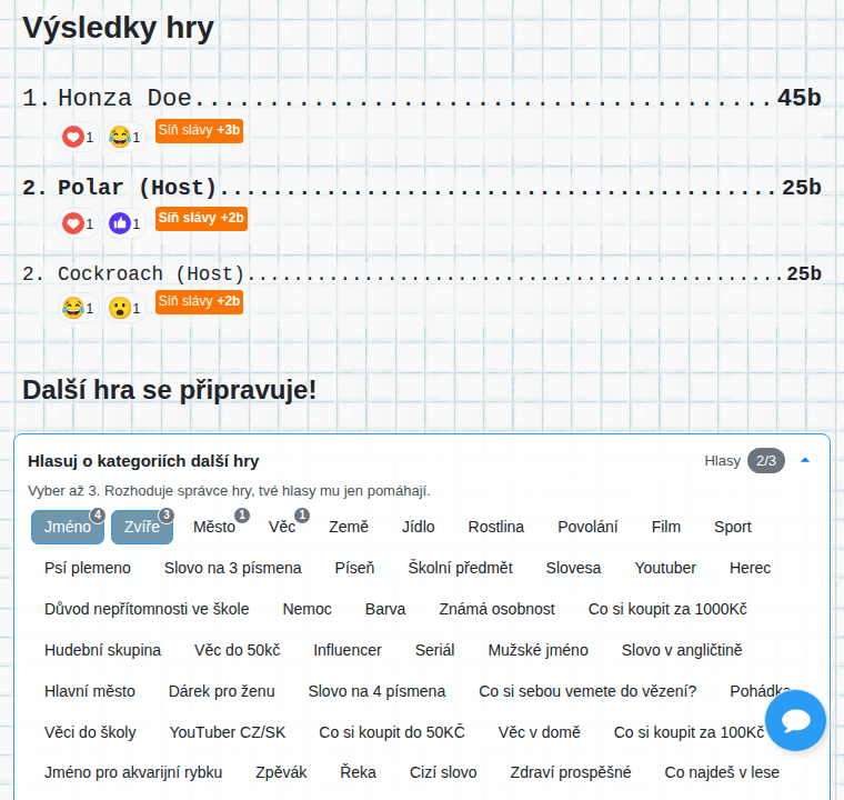 Výsledky hry