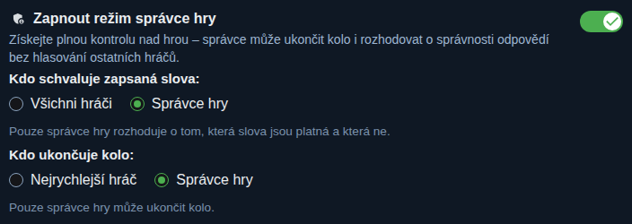 Nastavení: Režim správce hry