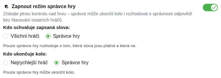 Nastavení: Režim správce hry