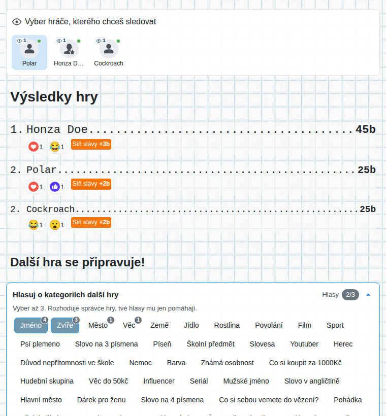 Konec hry z pohledu diváka: výsledky, hlasování o kategoriích další hry